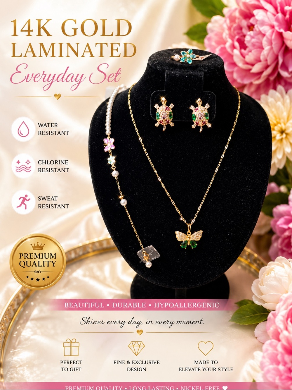 14K Gold Laminated Green & Pink Turtle and Butterfly Jewelry Set